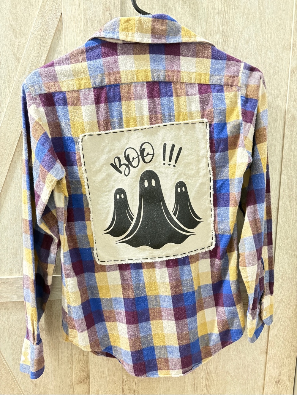Upcycled Halloween Ghost Patch Flannel Shirt Plaid | XS/S